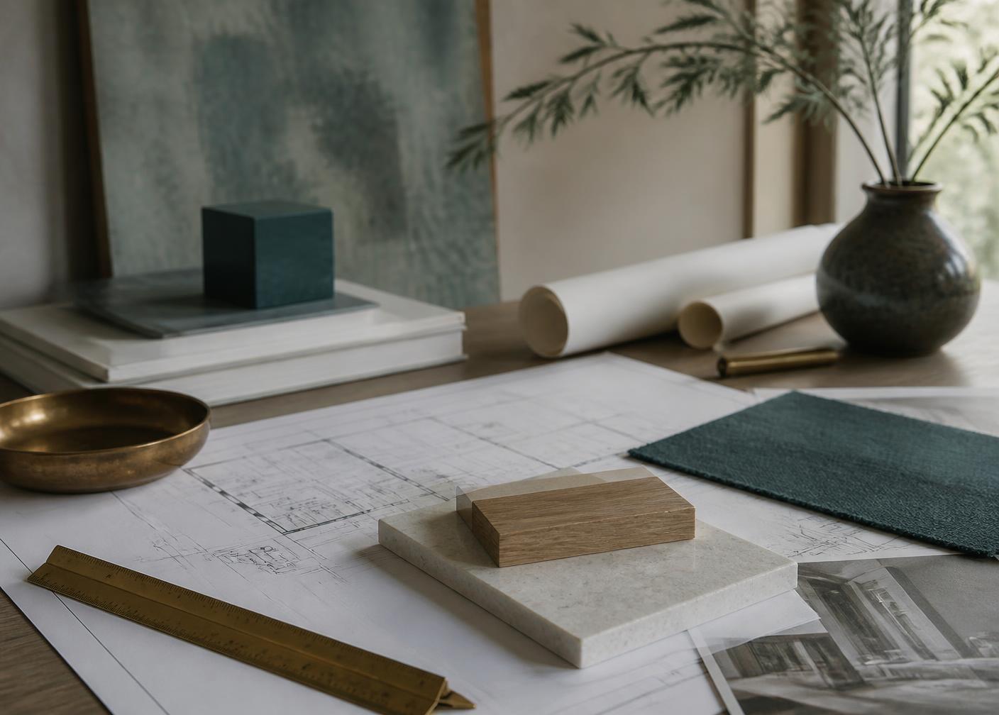 Drawings, stone and oak material samples, and a brass scale rule on a project table